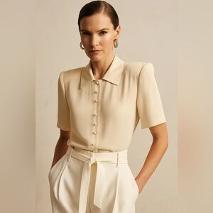 Vintage Rouie Silk Short Sleeve Collared Blouse covered buttons size 8 Medium